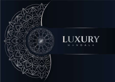 Mandala pattern with metallic white color. Luxurious mandala vector. Decorative white mandala pattern. Mandala ornament on a dark blue background. White pattern. Luxurious decoration.のイラスト素材