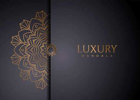 Luxurious mandala ornament background with golden pattern. Decoration mandala pattern on a black background. Luxury decoration mandala gift card. Luxurious golden mandala vector.のイラスト素材