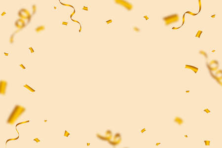 Golden confetti explosion isolated on a gold background. Golden party tinsel and confetti photo frame. Anniversary celebration. Confetti vector for carnival background. Festival elements.のイラスト素材