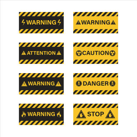 Caution sign set with black and yellow warning ribbon. Attention sign set vector. Warning sign with yellow and black color. Danger sign for police, accident, under construction, website.のイラスト素材