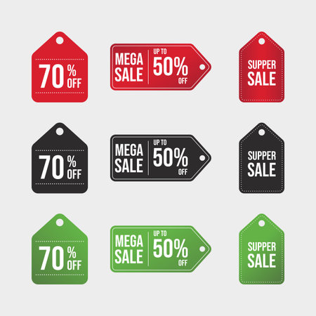 Mega Sale badge collection with green, black, red. Sale badge set. 70 percent discount tag collection. Super Sale coupon vector. Up to 50 percent off. Sale banner badge. Special offer discount tags.のイラスト素材