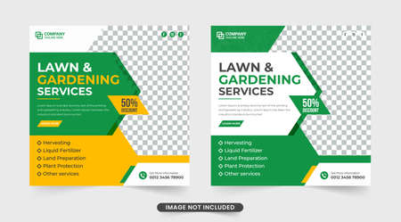 Lawn and gardening service template. Gardening service banner. Garden and farming service social media post. Agro farm template. Organic farm flyer. Farming banner. Lawn mowing farm service.のイラスト素材