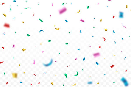 Colorful shiny confetti falling isolated on transparent background. Colorful party tinsel and confetti falling. Confetti vector for festival background. Carnival elements. Birthday celebration.のイラスト素材