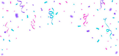 Colorful confetti and ribbon falling vector. Simple confetti and ribbon falling isolated on white background. Festival elements vector. Anniversary and birthday celebration element.のイラスト素材