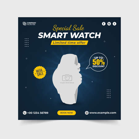 Smartwatch product post. Watch social media template. Smartwatch special sale offer banner. Clock business mega sale offer template. Wristwatch sale banner. Product promotion and discount banner.のイラスト素材