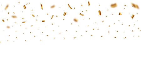 Golden Party confetti and tinsel falling isolated on white background. Golden color confetti and tinsel falling vector. Anniversary and birthday celebration element. Carnival elements vector.のイラスト素材