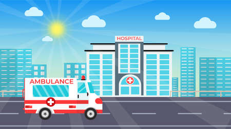 Ambulance vector with a hospital in an urban area. An ambulance carrying patients and getting into the hospital on a sunny day concept. Urban area medical or hospital with tall buildings vector.のイラスト素材