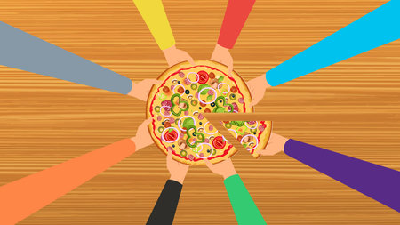 Hands taking pizza slices from a table vector. Delicious pizza vector with different kinds of hands. Pizza with so many toppings. Taking pizza slice from the table concept. Family holding pizza.のイラスト素材