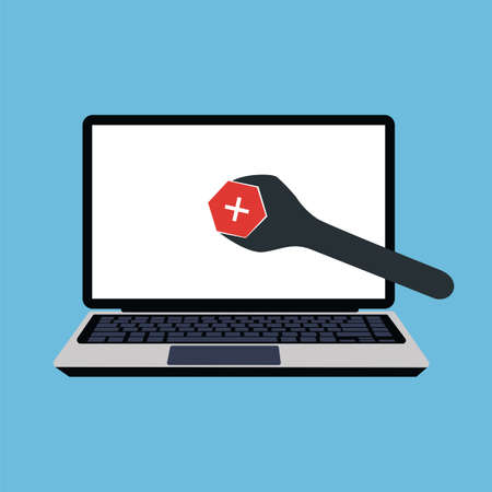 Fixing hardware or software on laptop concept vector. Wrench fixing computer program. Fixing computer bug or error with a mechanic wrench flat illustration vector. Repair and maintenance services.のイラスト素材