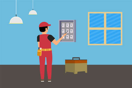 Electrician working on house electric board with a screwdriver vector. Man working on an electric board and fixing electricity problem. Repairing home electricity socket with electrical work tools.のイラスト素材