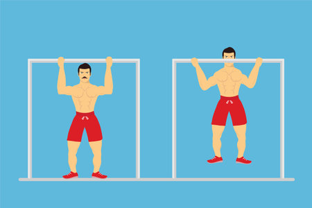 Muscular man doing pull-up exercise to gain strength concept. Bodybuilder with a mustache, doing...