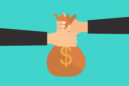 Giving a money bag to a businessman vector. Hands taking and giving money to one another. Sack of money vector with two human hands. Business and financial money transaction concept.のイラスト素材