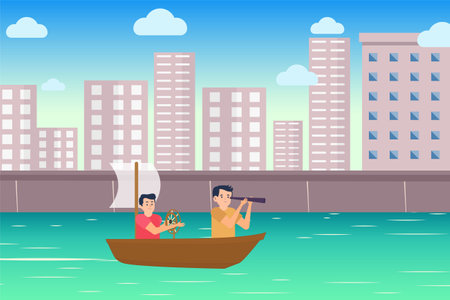 Little kid flat character illustration with a small boat and urban lake. Kids playing with the boat on a lake with a cityscape background. Playable children with scope and toy vessel on the water.のイラスト素材