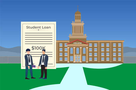 Student loan concept with college and loan paper vector. Male flat character illustration with a banker and student shaking hands. University study loan concept with greenfield vector.のイラスト素材