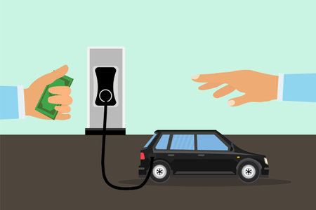 Man getting fuel in his car and giving money concept vector. Taking fuel in the car at a gas station with money in hand. Electric car charging concept with two human hands transferring money vector.のイラスト素材