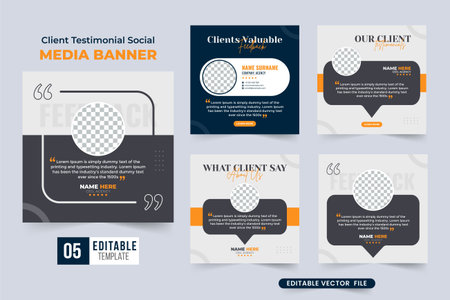 Customer feedback review or testimonial template collection with dark color. Business client testimonials bundle design for websites. Customer feedback testimonial set with rating sections.のイラスト素材