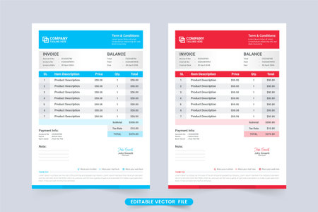 Payment agreement and invoice template vector with cyan and red color. Product buy and sell billing invoice design with payment information. Minimal invoice template with price receipt vector.のイラスト素材
