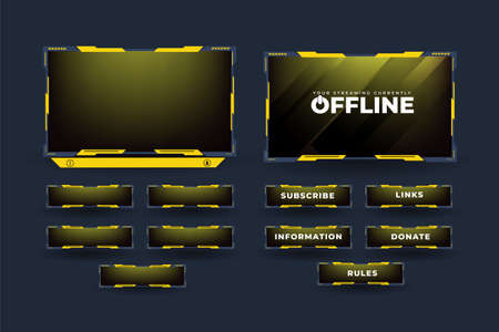 Live streaming screen overlay vector for online gamers. Broadcast streaming overlay with yellow and dark colors. Live gaming overlay decoration with subscribe buttons and an offline screen.のイラスト素材
