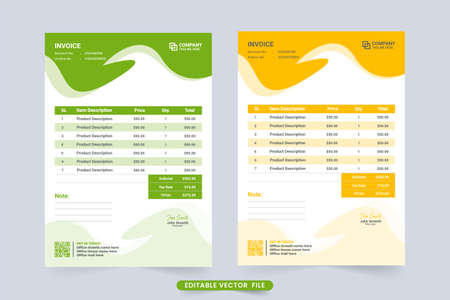 Business invoice and product buy and sell agreement paper design vector. Invoice billing template with abstract shapes. Product list and business info tracker invoice vector with blue and yellow colorのイラスト素材