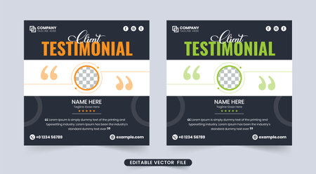 Creative website testimonial and client feedback review section vector with dark backgrounds. Customer service feedback and quote layout vector with a photo placeholder. Business client review design.のイラスト素材
