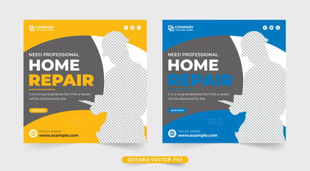 Creative home repair service social media post design with abstract shapes. House renovation and construction business promotional web banner vector. Real estate home repair business template vector.のイラスト素材