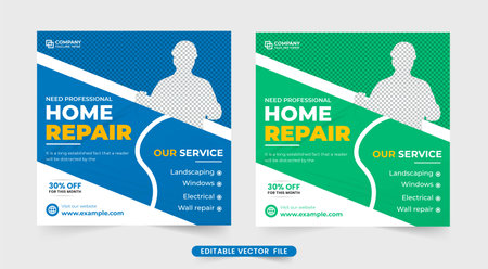 Professional home repair service template for social media posts. House renovation and construction business advertising web banner design with blue and green colors. Home repair business poster.のイラスト素材