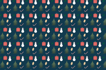 Christmas pattern decorated with snowmen, pine leaves, and gift icons. Seamless pattern design for...