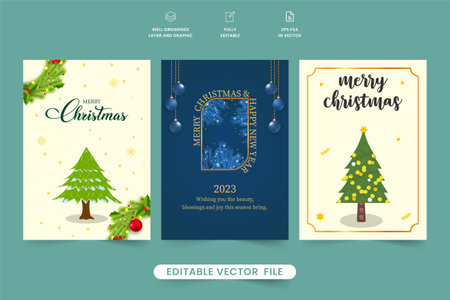 Creative Christmas gift card design with realistic wreath and wish calligraphy. Luxurious invitation card set vector with blue and off-white backgrounds. Modern greeting card design with calligraphy.のイラスト素材