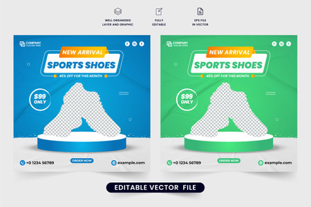 Sports shoe promotional web banner vector for business. Sports sneakers sale template design with blue and green colors. Exclusive shoe sale social media post vector for online advertisement.のイラスト素材