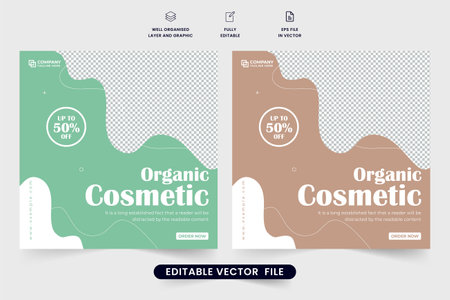 Organic cosmetic sale social media post vector with abstract shapes and photo placeholders. Skincare and beauty products advertisement web banner design. Cosmetic business promotional template vector.のイラスト素材