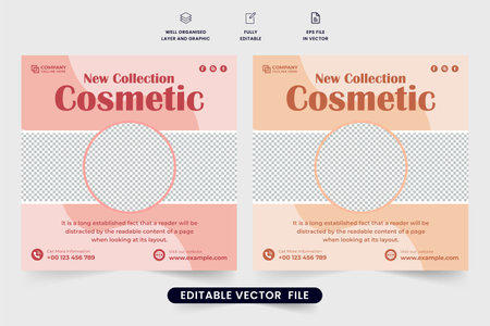 Cosmetic and beauty product promotional template vector with silk and pink colors. Beauty center and skin care product advertisement poster design. Modern cosmetic sale social media post vector.のイラスト素材