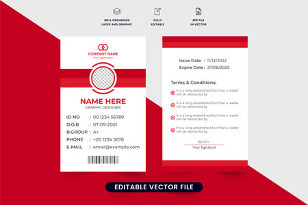 Employee and student identification card design with photo place holders and red colors Corporate business ID card vector for employees Print ready