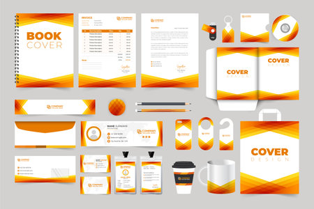 Creative business advertisement template design with golden and orange colors. Modern brand identity stationery design for office and business. Fashion brand promotion design bundle for marketing.のイラスト素材