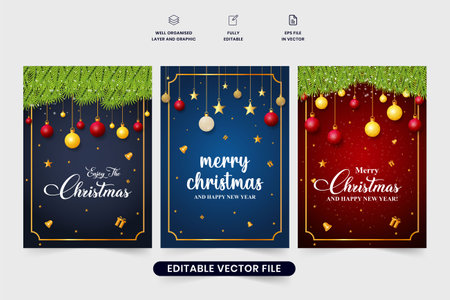 Christmas gift card collection with dark blue and red colors. Creative gift card design for Xmas with colorful elements and realistic green leaves. Christmas gift card set decoration for greetings.のイラスト素材