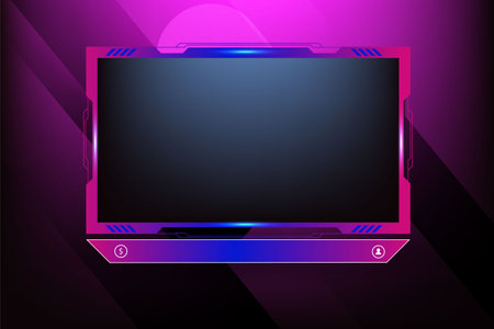 Live streaming overlay decoration with girly pink and blue color shade. Online gaming screen panel and border design for gamers. Live broadcast elements vector with colorful buttons.のイラスト素材