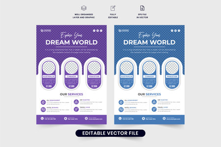 Travel agency flyer template design with purple and blue colors. Touring group promotional flyer vector with photo placeholders. Vacation planner business advertisement poster or flyer vector.のイラスト素材