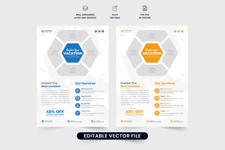 Tour and travel promotional flyer design with photo placeholders. Creative vacation planner agency template with blue and orange colors. Touring group advertisement poster and leaflet design.のイラスト素材