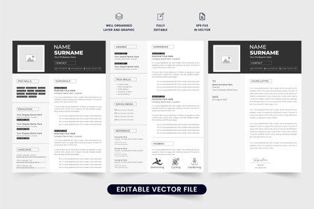 Simple CV and cover letter template vector with photo placeholders. Corporate resume and job application template vector with dark color. Office employment CV and resume layout design for business.のイラスト素材