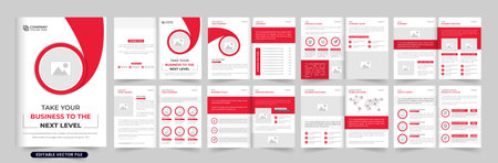 Modern business portfolio magazine template vector with abstract shapes. Minimal corporate brochure and annual report template design with red and dark colors. Company profile and catalogue vector.のイラスト素材