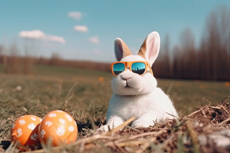 A cute white bunny wearing sunglass and sitting with two colorful Easter eggs. A stylish bunny rabbit sitting in a meadow, on a sunny day. Easter bunny with easter eggs and sunglass. Generative AI.の素材