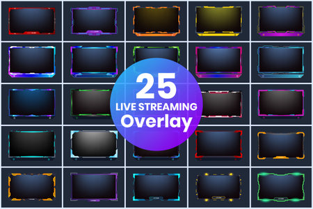 Live streaming overlay bundle design with futuristic neon effects. Modern live streaming screen overlay collection for online gamers. Futuristic broadcast screen frame set vector with creative shapes.のイラスト素材