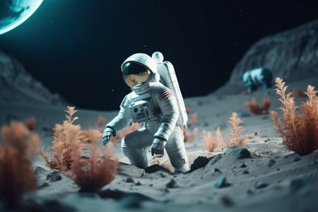 An Astronaut growing golden plants on the other planet. A Beautiful alien planet sand surface at night time with stars. An astronaut wearing a space suit and walking on the moon. Generative AI.の素材