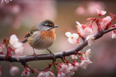 Cute little European Robin bird close-up photo. European Robin bird sitting on a cherry blossom tree branch. A realistic and detailed cute bird sitting on a tree branch. Generative AI.の素材