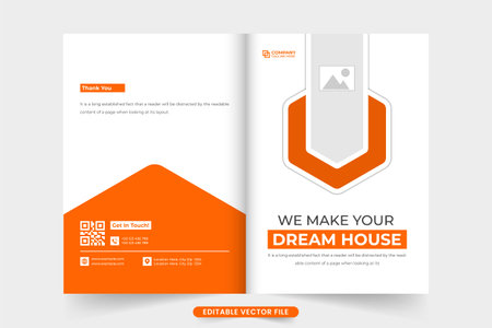 Creative real estate magazine cover template design with orange and dark colors. Modern home selling business booklet cover vector with photo placeholders. House sale brochure cover template design.のイラスト素材