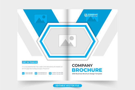 Company brochure cover design with blue and dark colors. Corporate business magazine cover template vector for marketing. Business proposal profile and booklet cover vector with photo placeholders.のイラスト素材