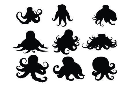 Octopus with long tentacles silhouette set vector. Octopus icon silhouette design collection. Sea creatures silhouette bundle with tentacles. Squid with tentacles silhouette on a white background.のイラスト素材