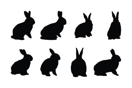 Cute bunny rabbit jumping in different positions. Bunny rabbit silhouette set vector on a white background. Cute rabbit standing silhouette collection. Bunny silhouette icon bundle design.のイラスト素材