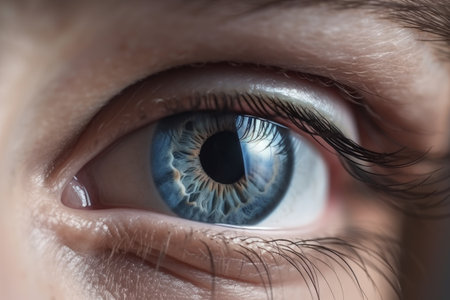 Realistic human eye close-up view with the blue cornea. Detailed macro cornea and the human eye with beautiful eyelashes. Female eye illustration with the blue cornea and eyelashes. Generative AI.の素材