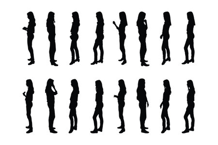 Girl fashion models and actors bundle, posing in different styles on a white background. Modern actor silhouette collection with different poses. Female anonymous model silhouette set vector.のイラスト素材