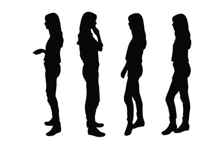 Female model standing in different position silhouette set vector. Woman actor silhouette bundle on a white background. Girl fashion models with anonymous faces, and full-body silhouettes.のイラスト素材